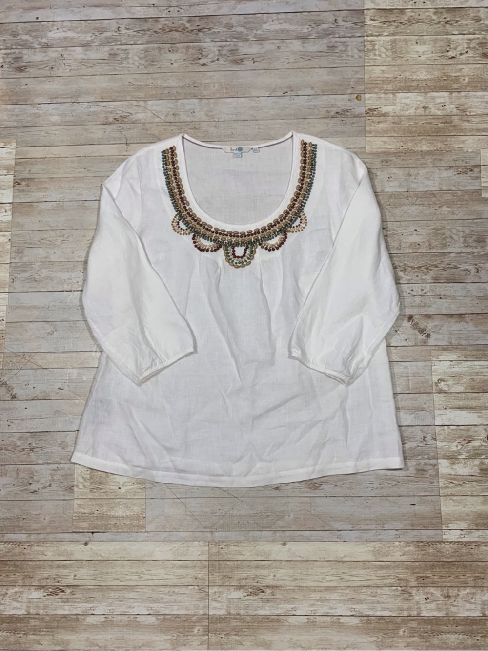 Boden 100% Linen Embroidered Beaded Scoop Neck White Women's Blouse Size 12